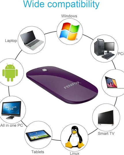 FENIFOX Bluetooth Mouse Slim, Whisper-Quiet Mini Flat Portable Mobile Mice Rechargeable Compatible with Laptop,PC,Android Windows Tablet - Deep Purple