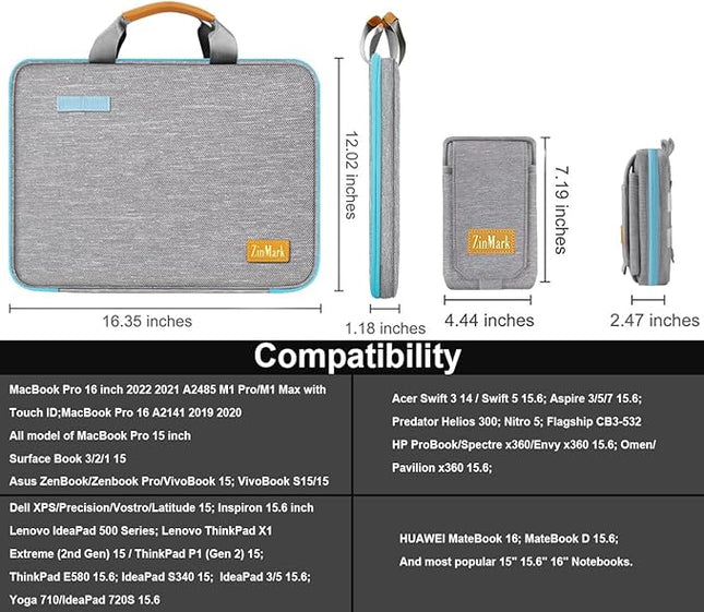 ZINMARK Laptop Case 15.6 Inch Briefcase Military-Grade Protection with Detachable Belt Bag, Compatible All Model of 15-16 Inch MacBook Pro and Most Popular 15.6 Inch Notebooks Chromebooks (Gray&Blue)