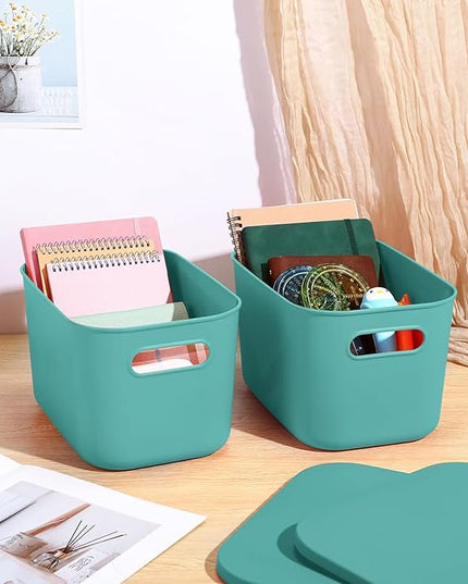 Hoolerry 8 Pieces Colorful Storage Bins with Lid, Plastic Storage Basket Organizing Container Stackable Box with Handle for Shelves Desktop Playroom Office(10.2 x 7 x 6.3 Inch,Green)