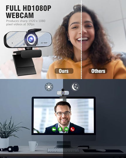 1080P HD Webcam with Built-in Microphone, Rotatable Tripod, Wide-Angle Lens,Privacy Cover, Auto Light Correction, Plug & Play USB-A Webcam for Laptop, Desktop, PC, Streaming-White