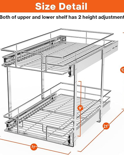 ROOMTEC Individual Pull Out Cabinet Organizer (11" W x 21" D), 2 Tier Spice Rack Organizer for Cabinet, Slide Out Drawer Pantry Shelf Organization and Storage for Kitchen Bathroom