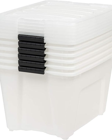 IRIS USA 54 Qt Stackable Plastic Storage Bins with Lids, 6 Pack - BPA-Free, Made in USA - Discreet Organizing Solution, Latches, Durable Nestable Containers, Secure Pull Handle - Pearl