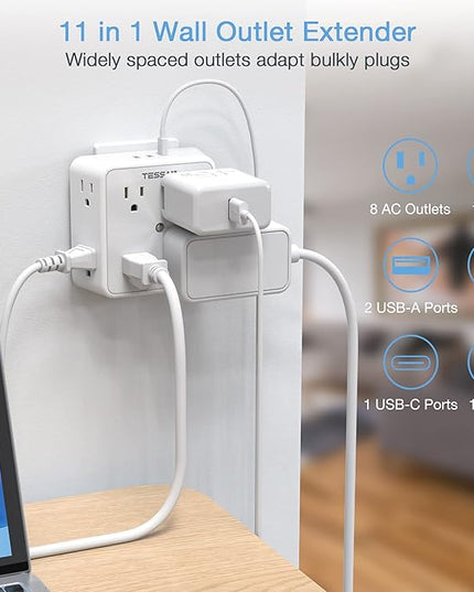 Surge Protector 8 Outlet Extender, TESSAN Multi Outlet Splitter with 3 USB Wall Charger (1 USB C), 3-Sided Multiple Plug Power Strip 1700J, Charging Station for Home Office Dorm Room Essentials
