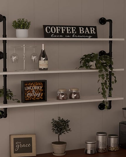 Industrial Pipe Shelving Rustic White Pipe Wall Shelves Industrial Shelves with Wood Planks Floating Shelves 48 Inch Farmhouse Bathroom,Kitchen Shelving Wall Mounted
