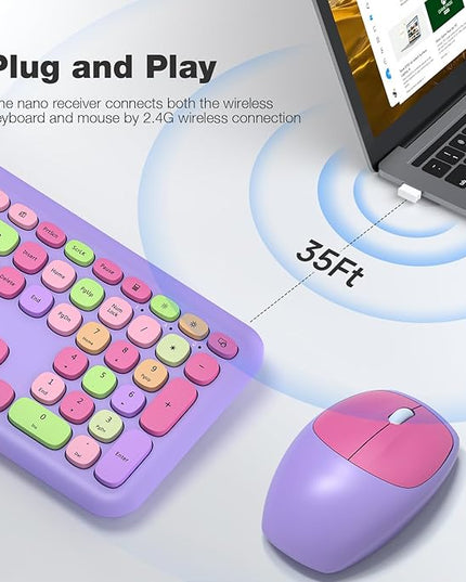 MOFII Wireless Keyboard and Mouse Combo, 2.4G Silent Cordless Slim Full Size Keyboard and Ergonomic Mice Set for Laptop, Desktop, MacBook, PC - Purple Colorful