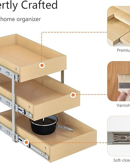WelFurGeer 3-Tier Pull Out Cabinet Organizer with Soft Close, Heavy-Duty Slide Out Drawers for Cabinets, Pull Out Drawers for Cabinets, Bottom Mount Shelves for Kitchen, Pantry, Bathroom