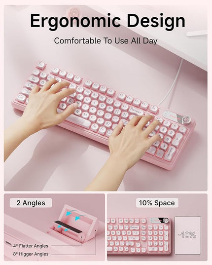 V102 Wired Keyboard, 98 Keys Creamy Gaming Keyboard with Number Pad, Display Screen & Media Knob RGB Silent Wired Cute Computer Keyboard for Laptop PC Gamer - Pink