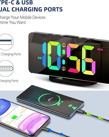 Digital Alarm Clock, Large LED Digital Clock for Bedrooms with 10 Color Changing Night Light, Adjustable Brightness, USB Charging Port, Bedside and Desk Clock for Living Room Office Decor (Black)