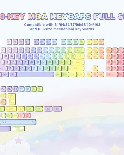 YUNZII 140 Keys MOA Keycaps, Dye-Sublimation PBT Custom Keycap Set for MOA Profile, Cute Rainbow Candy Keycap for MX Switches Mechanical Gaming Keyboard(Rainbow)