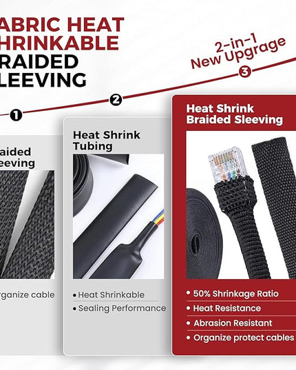 Heat Shrink Wire Loom 2:1 Shrinkable Braided Cable Sleeve 1/4 Inch ID-46ft Abrasion Protection Flexibility Fabric Wiring Harness Cover Sheath
