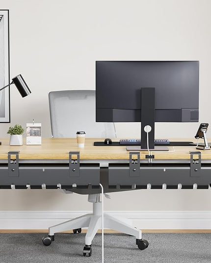Under Desk Cable Management Tray No-Drill 2 Pack 16.9‘’ Wire Cord Organizers, Cable Management Under Desk for Home and Office No Damage Black
