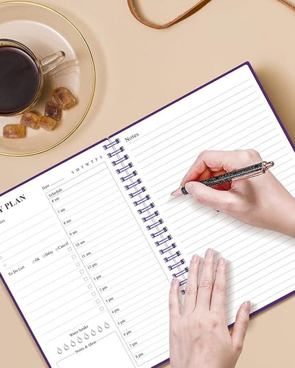 Daily Planner Undated - A5 To Do List Notebook Hourly Schedules, Spiral Appointment Planner for Women and Men, PVC Hardcover, Inner Pocket, Elastic Closure, 5.8" x 8.3", Purple