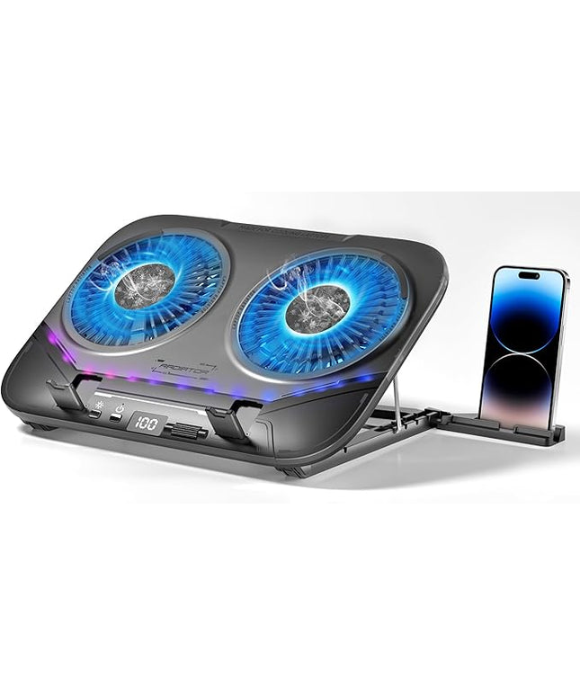 PZT Dual-Core TEC Laptop Cooling Pad with Dual Stepless-Quiet Fans, 5-Height Adjustable Laptop Cooling Stand, 10-Level RGB for 13-17 Inch Laptops, Includes 15W Charger, Smoky Black