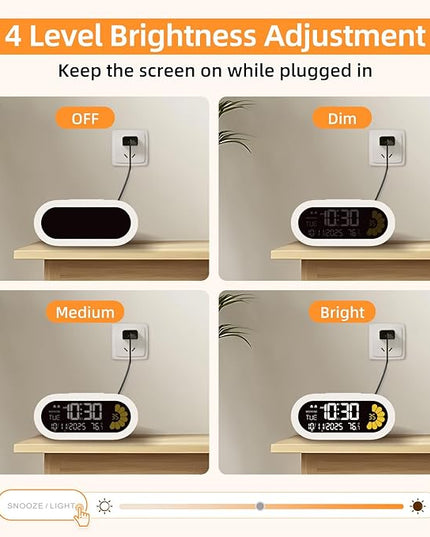 DOOMAY Digital Alarm Clock for Bedroom: Dual Alarm Bedside Clock VA LCD Display with Seconds, 9-Minute Snooze and Weekend Mode, 3 Brightness, 4 Alarms and 3 Volume Levels，Type C & Battery Included
