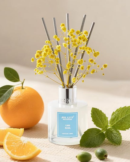 Airkeep Reed Diffuser Set,3.38 fl oz (100 ml) - Lime Basil Oil Diffusers with 8 Reed Sticks, Home Fragrance Reed Diffuser for Bathroom Shelf Decor