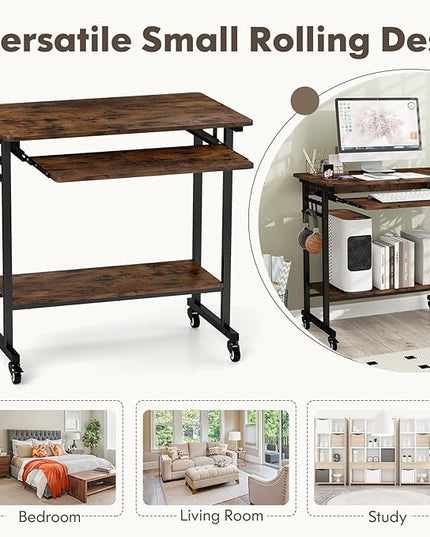 Tangkula Rolling Computer Desk Cart with Keyboard Tray, Mobile Portable Laptop PC Desk with CPU Stand & 3 Hooks for Sofa & Bed, Industrial Small Desk on Wheels for Small Spaces, Home Office Desk