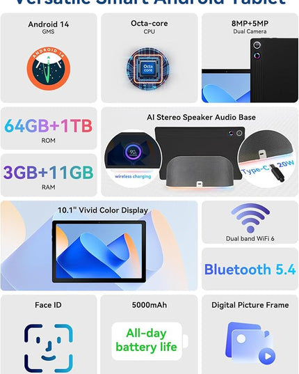 2025 Upgraded Android Tablet with Charging Speaker Dock, 2 Years Protection, Octa-Core CPU, 14GB+64GB Storage with 1TB Expansion, WiFi 6, BT5.3, Google Tablet, US Version