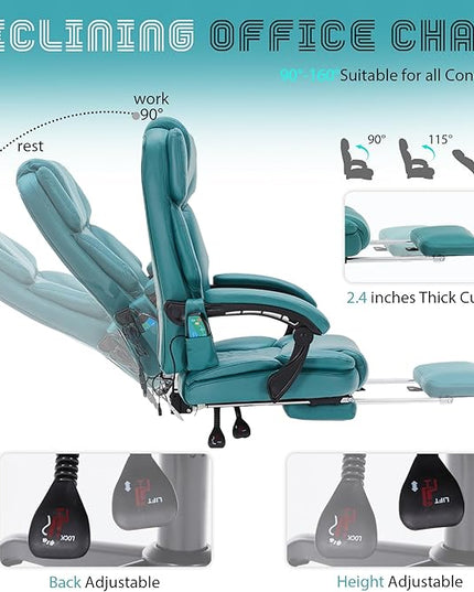 Massage Office Chair with Foot Rest 6 Points Vibration and Heat Home Office Desk Chairs for Heavy People 400lbs Reclining Managerial Chairs Ergonomic Executive Chair (Teal Blue)