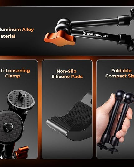 K&F CONCEPT 9.8" Magic Arm Clamp Kit with 1/4" & 3/8" Thread Screw 360° Ball Heads Articulating Magic Arm Camera Mount for Monitor, Flash, LED Light, Microphone, Camera Cage, Action Camera