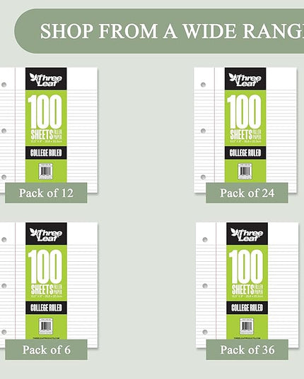 THREE LEAF 100 SHEETS COLLEGE RULED FILLER PAPER, PACK OF 12, LOOSE-LEAF SHEETS FOR SCHOOL AND OFFICE 100 CT. FILLER PAPER, NOTEBOOK PAPER