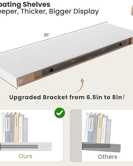 Heimlove 12" Deep Floating Shelves, 36 x 12 Inch Wall Mounted Long Floating Shelf with Invisible Brackets, for Home Decor, Bedroom, Kitchen, Living Room, Bathroom - 2 Pack, White