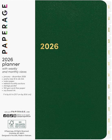PAPERAGE 2026 Weekly & Monthly Planner, 12 Months (January 2026 - December 2026), 6.6 in x 8.1 in, Spiral Bound 2026 Planner with Weekly, Monthly & Yearly Views, Note Pages & Inner Pocket – Dark Green