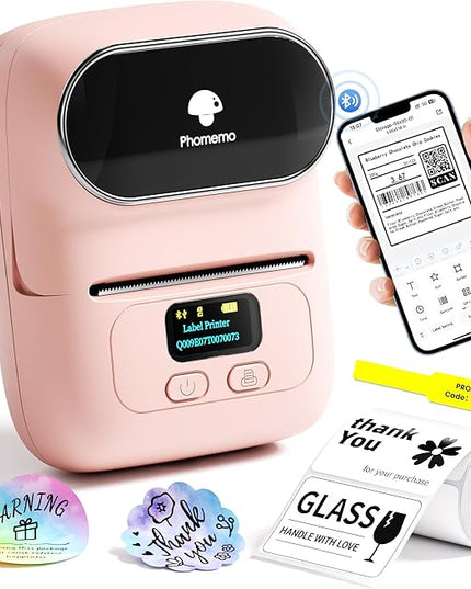 Phomemo Label Printer - M110 Thermal Label Printer Barcode Label Maker Mini Bluetooth Sticker Printer for Small Business, Home, Office, Logo, Address, Name Tag, Clothing, Organizing, Pink