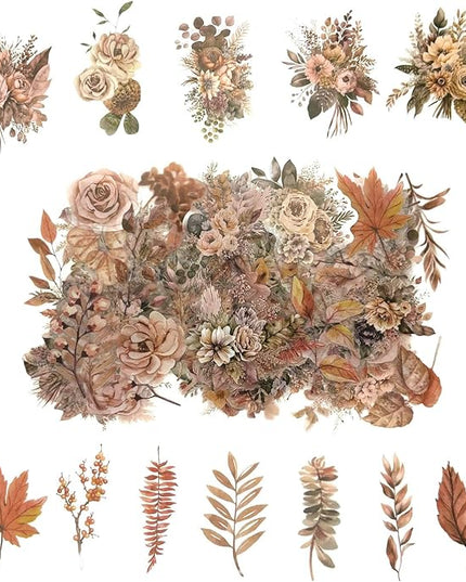 Obujopal 100 Pcs Autumn Flower Stickers for Scrapbooking Junk Journal Card Making CollageNotebook Diary Planner Letter Envelope Water Bottle Phone Case Craft Decoration (Autumn)