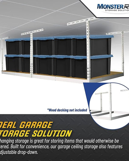 MonsterRax 4x8 Overhead Garage Storage Rack Frame Kit - Hanging Garage Ceiling Storage Rack System - (White, 24"-45")