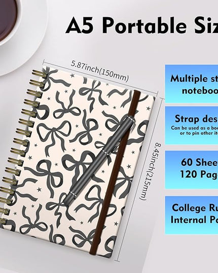 Spiral Journal Notebook, A5 Cute Notebooks for Women Men, College Ruled Hardcover Notebook for Work & Note Taking, 60 Pages Double-Wire Journals for Writing (Beige Grey Bow)