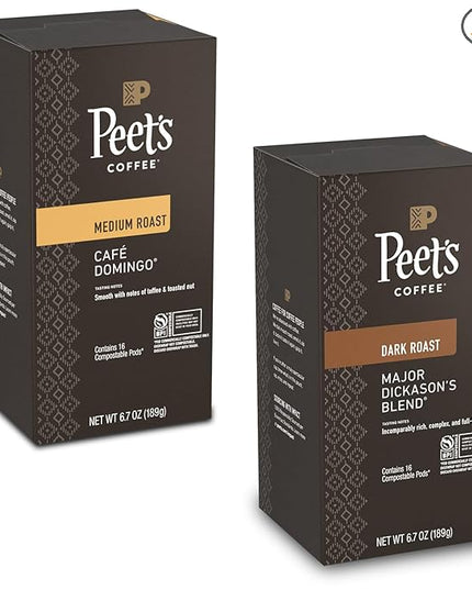 Peet’s Major Dickason’s & Domingo Coffee Pods – 32 Count (2 Packs of 16) – Dark Roast & Medium Roast Variety Pack with Bold, Smooth Flavor – Compatible with Pelecom Coffee Machines – Peet’s Coffee Pods