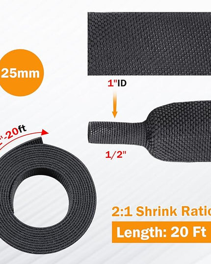 FOURUB 2:1 Ratio Flat Heat Shrinkable Braided Sleeving,Electrical Insulating Tubing,Durable Automotive Fabric Harness Shrinking Sheath (1"-20ft)