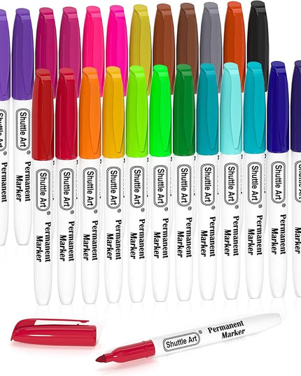 Shuttle Art Permanent Markers, 24 Colors Fine Point Assorted Colors Permanent Marker Set, Works on Plastic,Wood,Stone,Metal and Glass for Doodling, Coloring, Marking