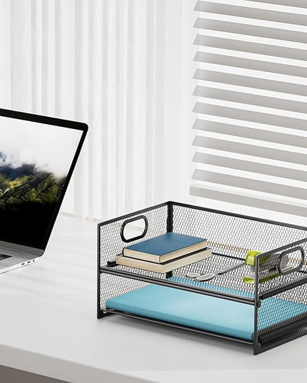 Marbrasse 2 Tier Paper Organizer Letter Tray, Mesh File Organizer with Handle, Paper Sorter Desk Organizer for Home Office Supplies - 2P
