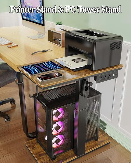Height Adjustable Computer Tower Stand with Wheels and Charging Station,2-Tier PC Stand for Floor or Carpet,PC Holder Under Desk for ATX-Case,Office,Home,Gaming Room
