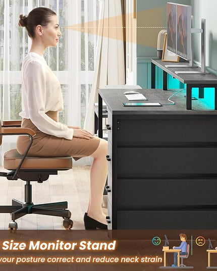 SEDETA Home Office Desk with File Drawer & Power Outlet, 66'' Computer Desk with 5 Drawer, Storage Shelves, Printer Cabinet and Monitor Shelf, Gaming Desk with Led Lights, Grey