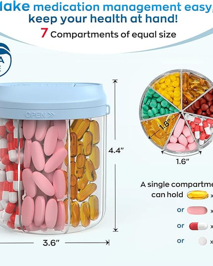 Pill Dispenser with 7 Large Compartments, 4.4" H x 3.6" Dia Pill Bottle Organizer for Travel, Supplement Organizer with Anti-Mixing Design, BPA-Free Pill Container with 20 Pcs Labels, Blue