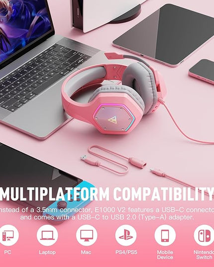 EKSA E1000 V2 Gaming Headset, PC Headset with USB C Plug, Wired Headphones with Noise Canceling Microphone, 7.1 Surround Sound, RGB Light, include USB Adapter for Computer,Mac, PS4/PS5 Console, Laptop