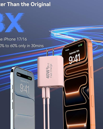 USB C Wall Fast Charger Block, 40W 4-Port Type C Chargers Fast Charging Blocks PD Power Charger Adapter+QC 3.0 USB Multiport Charger Brick for Phone 17/16/15/14/13/12 Pro Max, i-Pad, Galaxy S25-2Pack