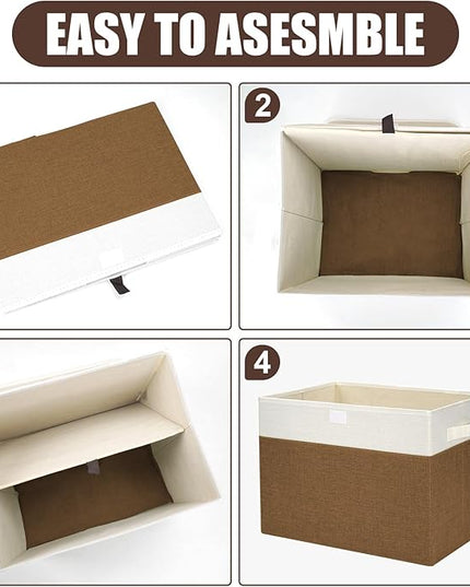 Large 17" 42 Quarts Collapsible Stackable Storage Bins with Lids [3-Pack] Foldable Fabric Linen Storage Boxes Cube, Closet Organizer Baskets with Label for Home (16.7 x 12 x 12", Brown & White)