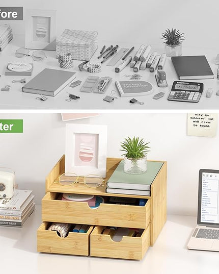 Wisuce Bamboo Desk Organizer - Mini Bamboo Desk Drawer Tabletop Cosmetic Storage Organization for Office or Home (Nature 3 Drawers)