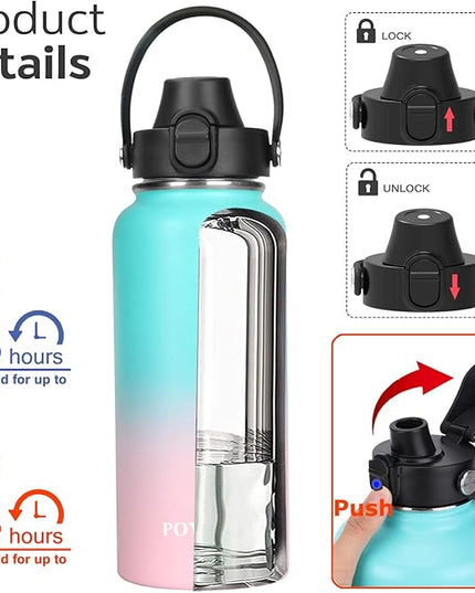 Water Bottle Insulated 32oz 40oz 64oz 128oz Straw Lid Spout Lid & 3 Lids, Leak Proof, Vacuum Insulated,Stainless Steel Water Bottle Wide Mouth for Sports, Gym or Office