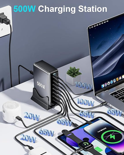 500W USB C Fast Charger Block, 8 Port USB Charging Station, GaN Ⅲ Pro Double 100W PD PPS Port Fast Charging Station for Multiple Devices,Laptop Wall Charger Compatible with MacBook, iPhone 17,iPad etc