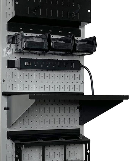 Wall Control Power Tool Storage Organizer Kit Cordless Drill Holder Charging Station Rack 16” x 32” Metal Pegboard Organization System (Grey Pegboard)
