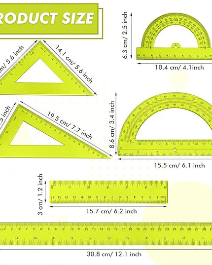 Tenare 6 Pcs Plastic Ruler Math Set Includes 12 Inch 6 Inch Straight Protractor Triangle Geometry Transparent Math Ruler Measuring Tools for School Office Home(Yellow)