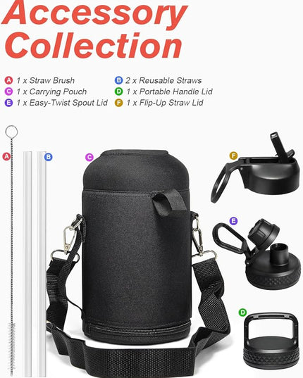 Insulated Water Bottle 64 oz with Straw & 3 Lids, Coolflask Half Gallon Water Jug Large Metal Stainless Steel Wide Mouth for Sports, Gym or Office, Non-BPA Keep Cold 48H Hot 24H, Pacific Prince