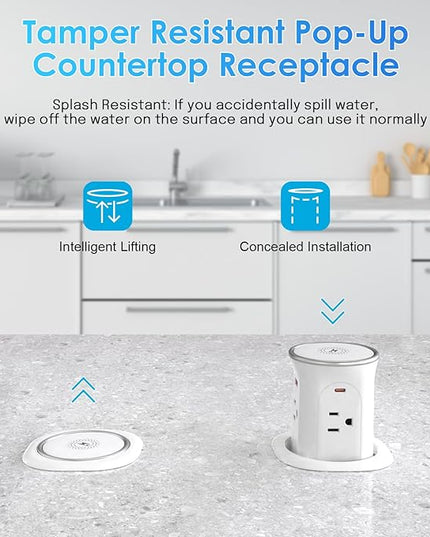 Pop Up Countertop Outlet with 15W Wireless Charger, 4 Outlets & 4 USB (2 PD20W USB-C) 3.15in Desk Hole Pop Up Power Outlet for Kitchen Countertop,Office Conference Table.ETL Listed