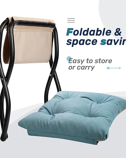 HollyHOME 15"(H) Folding Footrest Stool, Upholstered Small Foldable Ottoman, Accent Padded Sofa Foot Stool for Lazy Chair, Metal Frame Portable Foot Rest Ottoman for Home, Living Room, Bedroom, Blue