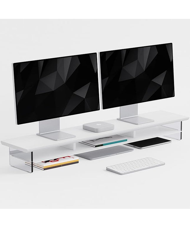 Dual‑Tier Monitor Stand for Modern Desk Setup – Minimalist Wooden and Metal Riser Shelf with Transparent Acrylic Feet for Dual Monitors, Laptops, Home Office Aesthetic，White