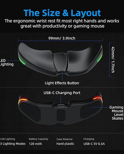 HornsX1 Right-Handed RGB Ergonomic Gliding Palm Rest for Mouse, Wrist Rest Pad, 3 RGB Lighting Modes, Reduce Wrist Pain, Anti-Fatigue, for Gaming/Office Work Casual Use - Black2, 1 PCS